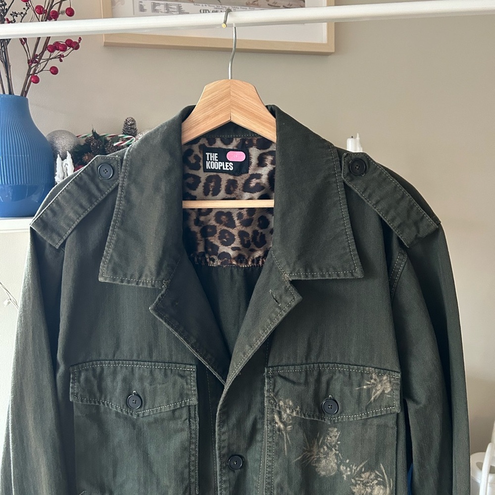 The Kooples Olive Green Military Style Jacket with Leopard Lining
